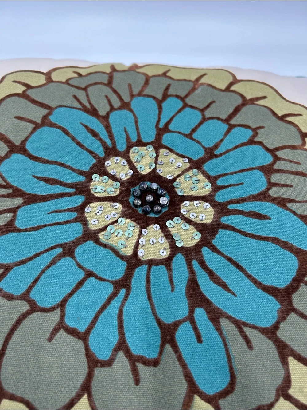 Pier 1 Teal and Olive Floral Embroidered Sequined Accent Pillow